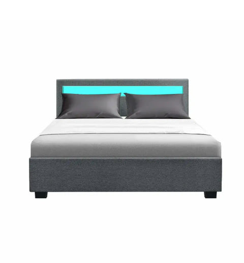 Artiss Bed Frame RGB LED Double Size Gas Lift Bed Base Storage Grey Fabric