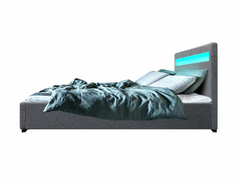 Artiss Bed Frame RGB LED Double Size Gas Lift Bed Base Storage Grey Fabric