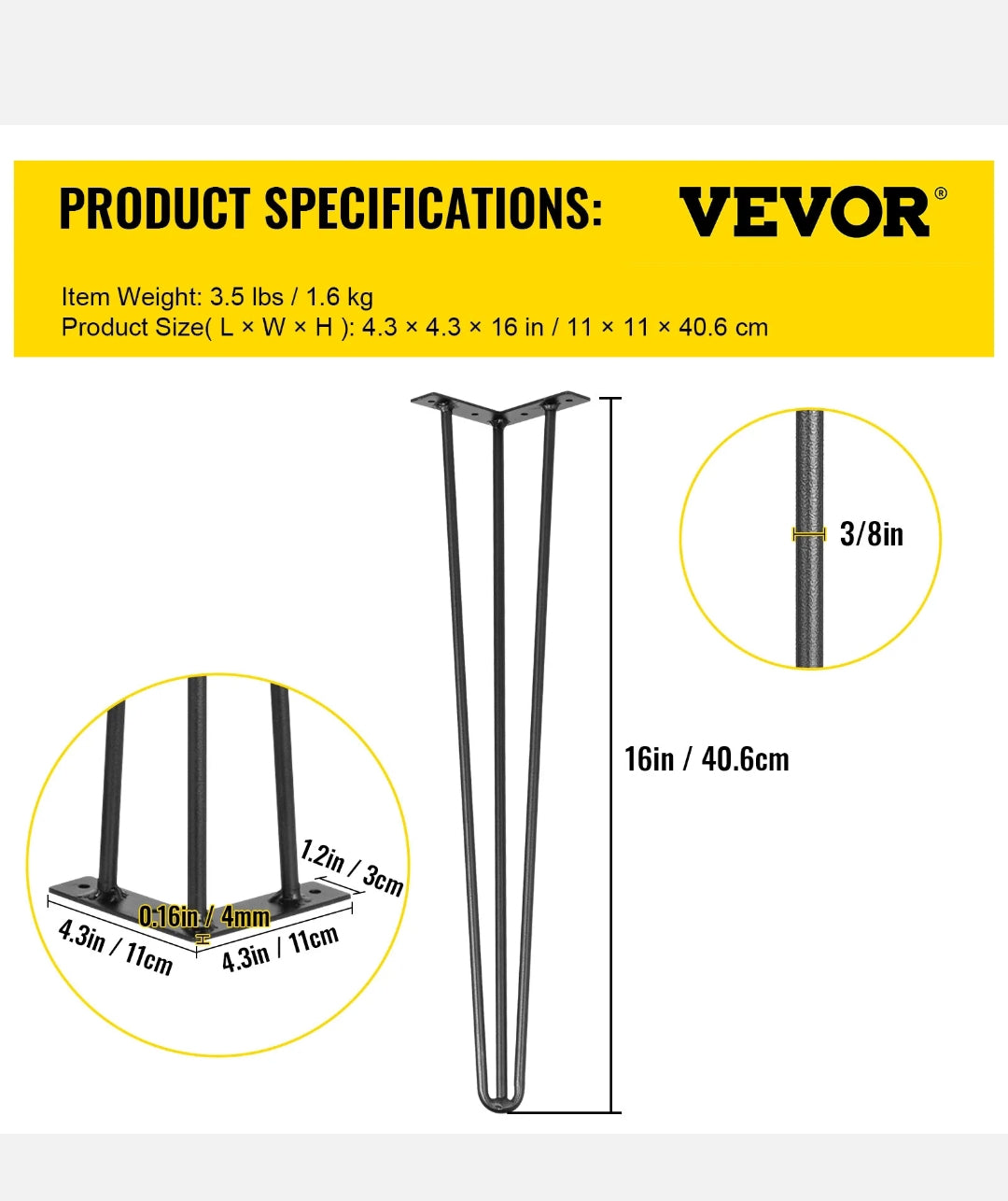 VEVOR 4x Hairpin Legs 16" 3 Rod Furniture Coffee Dinner Table Metal Legs 40cm