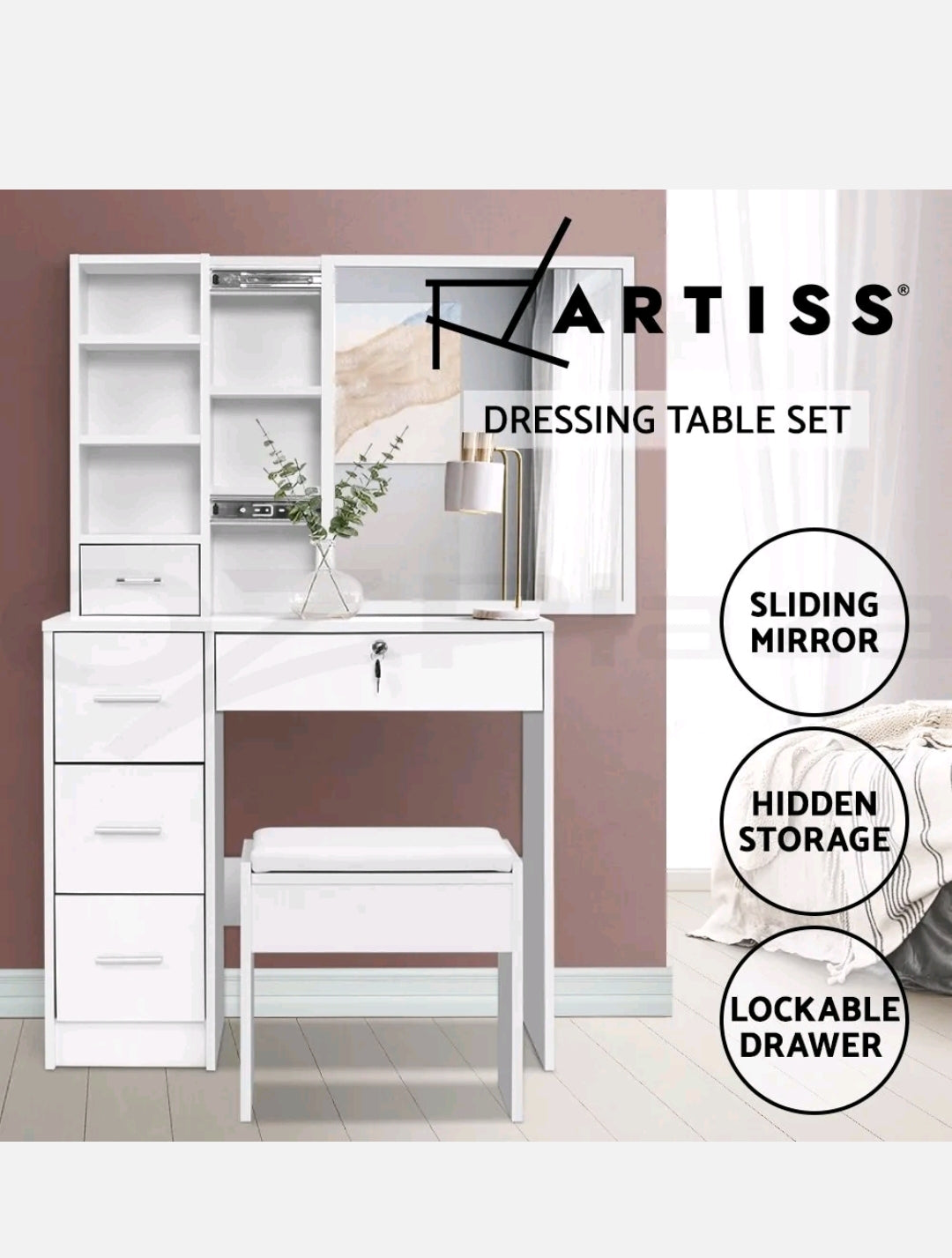 Artiss Dressing Table Stool Mirror Jewellery Cabinet Makeup Storage Drawer White