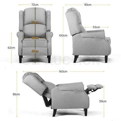 LUXURY RECLINER CHAIR ARMCHAIR SINGLE SOFA PADDED FABRIC COUCH LOUNGE CHAIR GREY