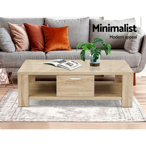 Coffee Table Wooden Shelf Storage Drawer Furniture Thick Tabletop - Bright Tech Home