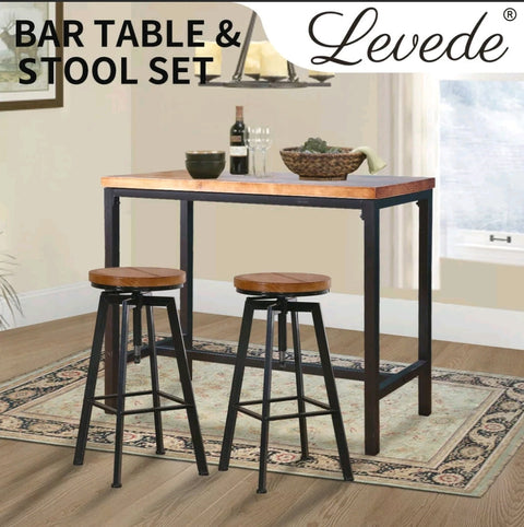 LEVEDE 3PC INDUSTRIAL PUB TABLE BAR STOOLS WOOD CHAIR SET HOME KITCHEN FURNITURE