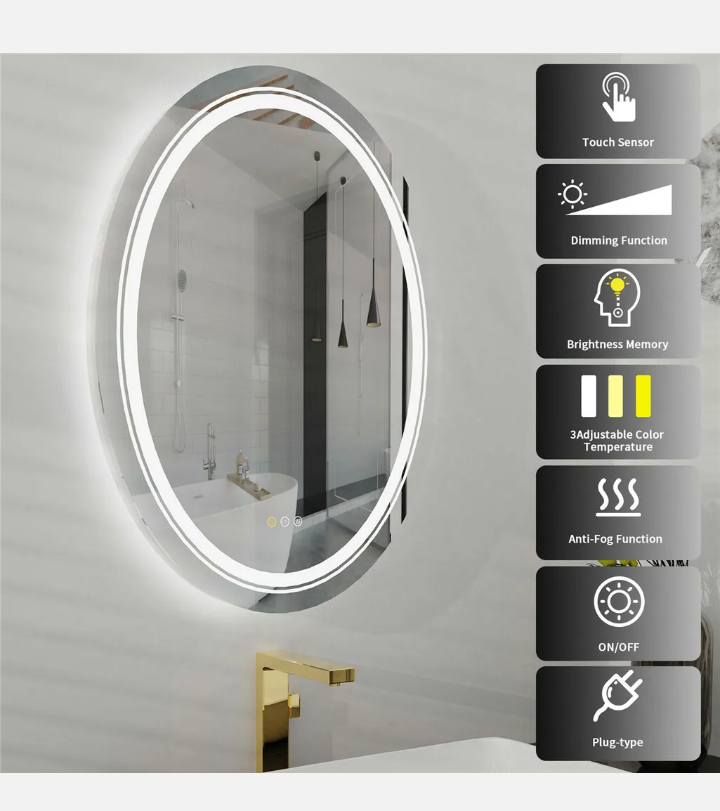 High Lumen Big Oval LED Bathroom Mirror Wall Vanity Mirror Anti-Fog Smart Touch