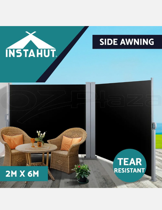 Instahut Side Awning Outdoor Blinds Sun Shade Retractable Screen 2X6M BK