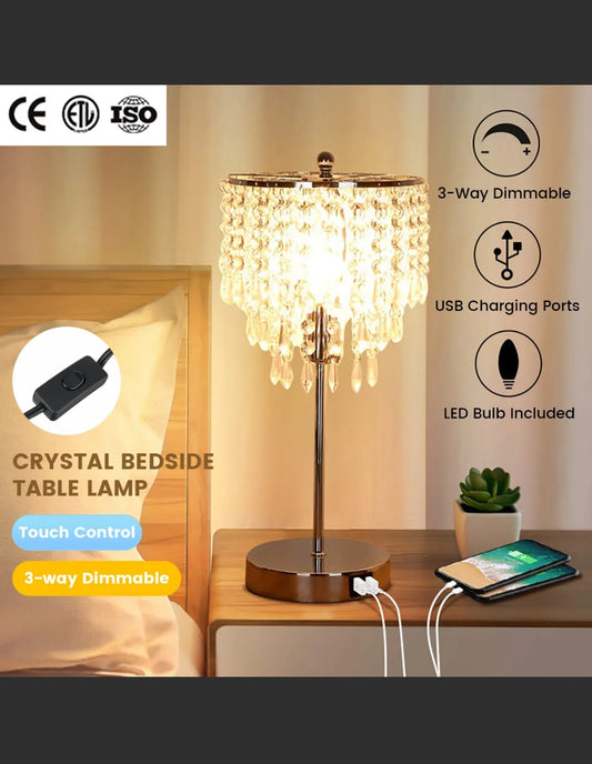 3-Way Touch Table Lamps Dimmable Crystal Bedside Lights Nightstand USB Charging