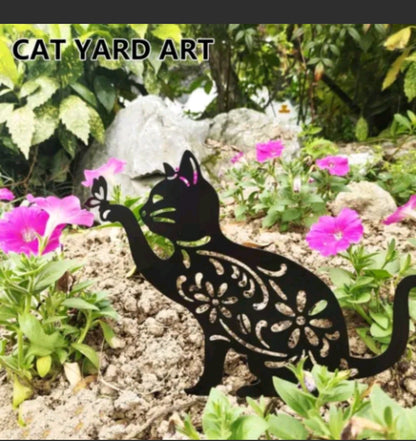 Metal Animal Cat Silhouette Garden Stake Yard Lawn Ornament Outdoor Home Decor