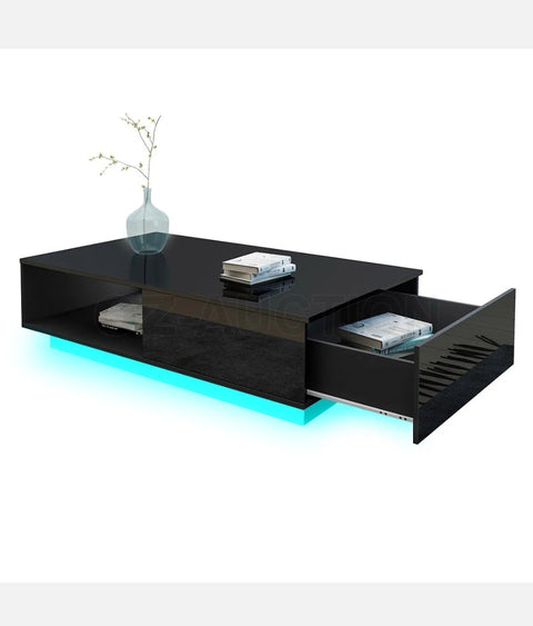 LED Lights Coffee Table High Gloss Wooden Storage Living Room Furniture Black