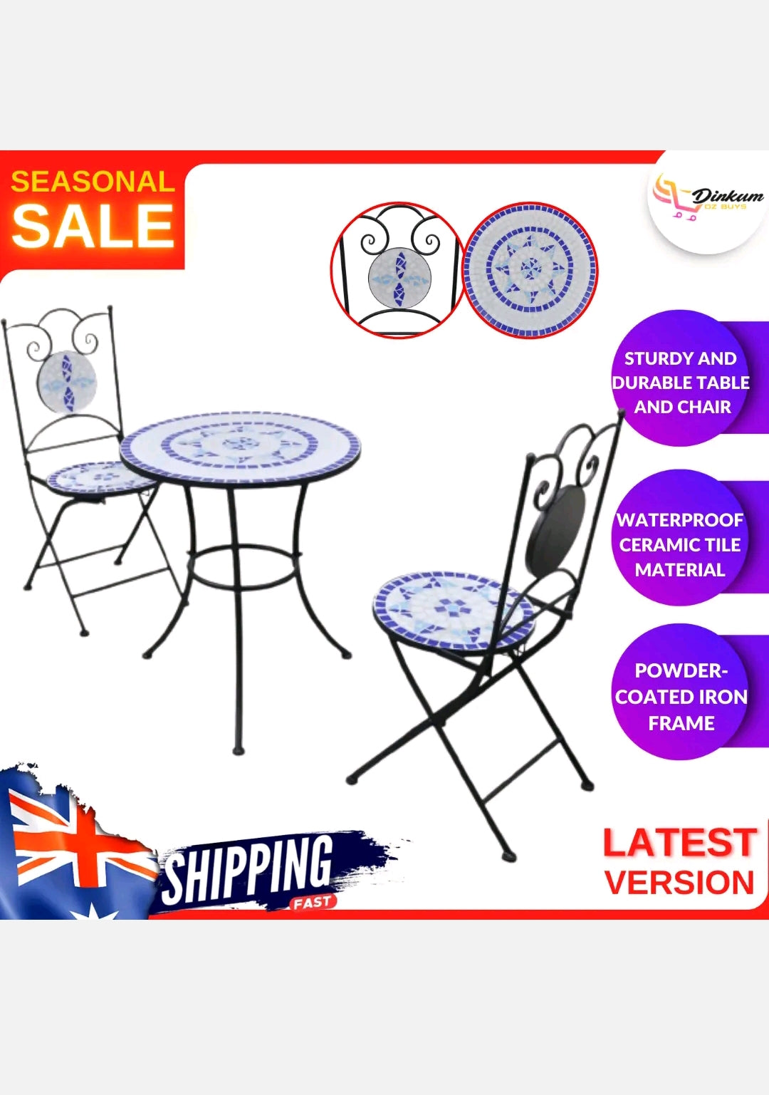 3pcs Mosaic Bistro Setting Table And Chairs Set Outdoor Garden Balcony Furniture