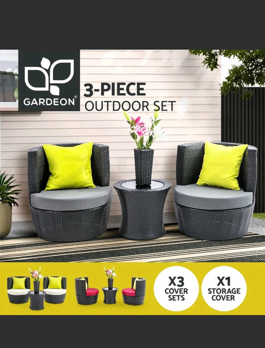 Gardeon 3 Piece Outdoor Lounge Setting Furniture Wicker Chair Table Garden Patio