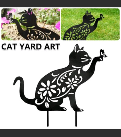 Metal Animal Cat Silhouette Garden Stake Yard Lawn Ornament Outdoor Home Decor