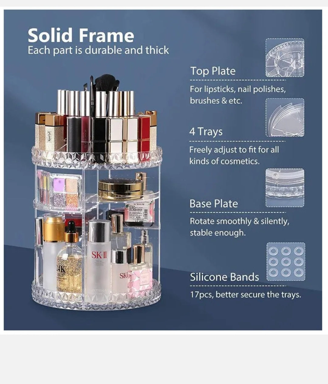 Acrylic Makeup Organiser 360° 3 Layer Rotating Clear Cosmetics Holder Storage AU