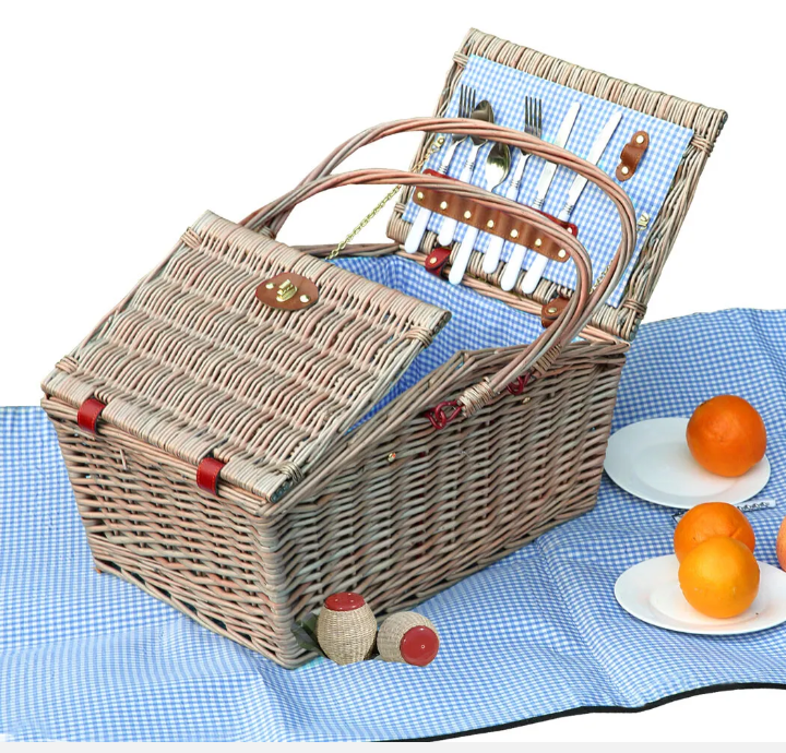 4 Person Picnic Basket Baskets Set Outdoor Blanket Willow Deluxe Folding Handle - Bright Tech Home