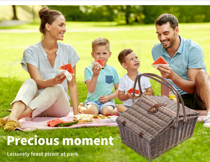 4 Person Picnic Basket Baskets Set Outdoor Blanket Willow Deluxe Folding Handle - Bright Tech Home