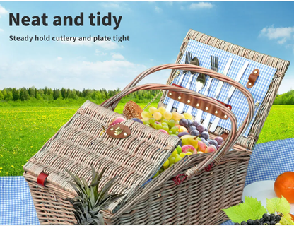 4 Person Picnic Basket Baskets Set Outdoor Blanket Willow Deluxe Folding Handle - Bright Tech Home