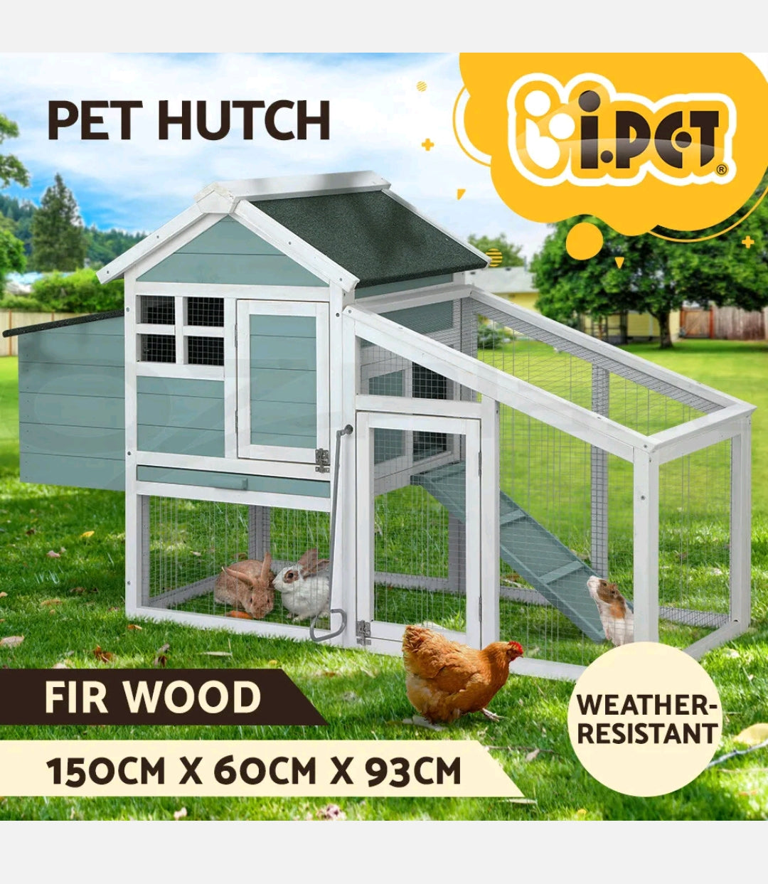 i.Pet Rabbit Hutch Chicken Coop Large House Run Cage Wooden Outdoor Bunny Coops