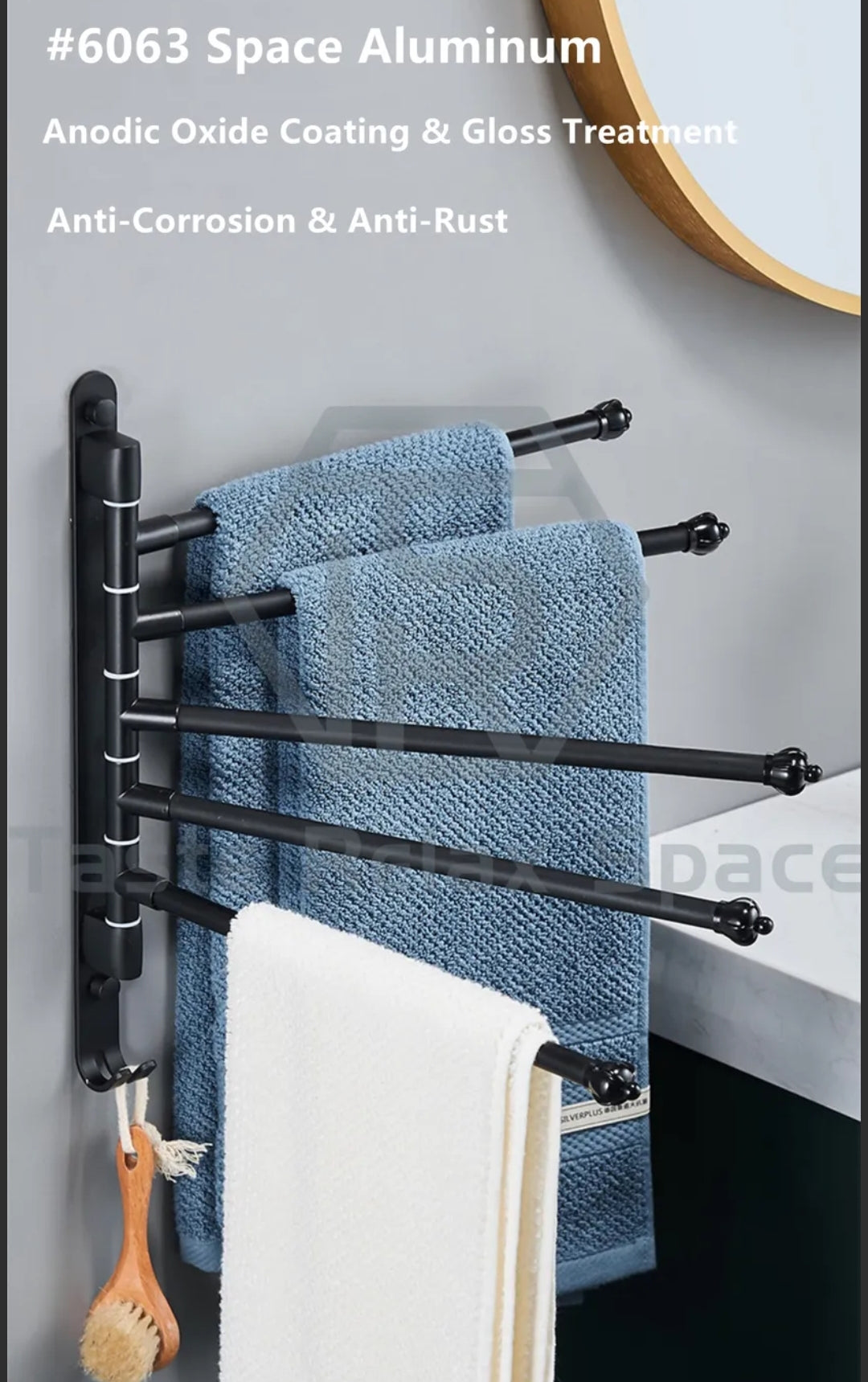 Bathroom Towel Rail Rack Hanger w/Hook Space Aluminium Wall Mounted 5 Bars