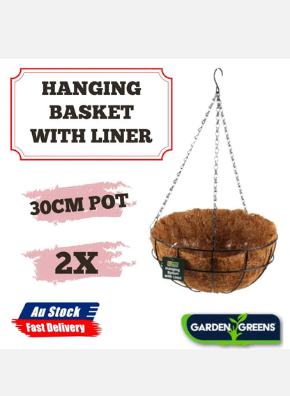 2 Pcs 30cm Hanging Baskets Garden Planters Pots with Cocos Liner & Hang Chain