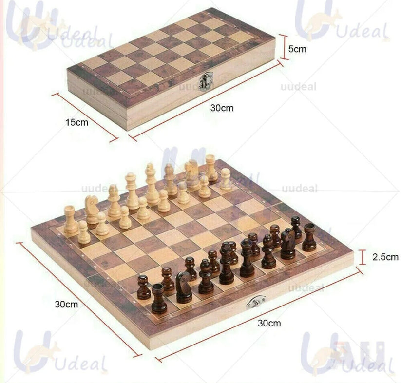 3 in 1 Large Folding Wooden Chess Set Board Game Checkers Backgammon Toy Gift AU - Bright Tech Home