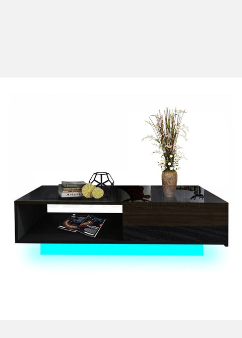 LED Lights Coffee Table High Gloss Wooden Storage Living Room Furniture Black