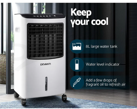 Devanti Evaporative Air Cooler Conditioner Portable Cooling Fan Humidifier 8L