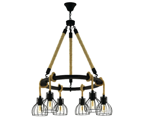 EGLO RAMPSIDE 6 LIGHT CEILING PENDANT RUSTIC ROUND BLACK STEEL AND ROPE - CAGE