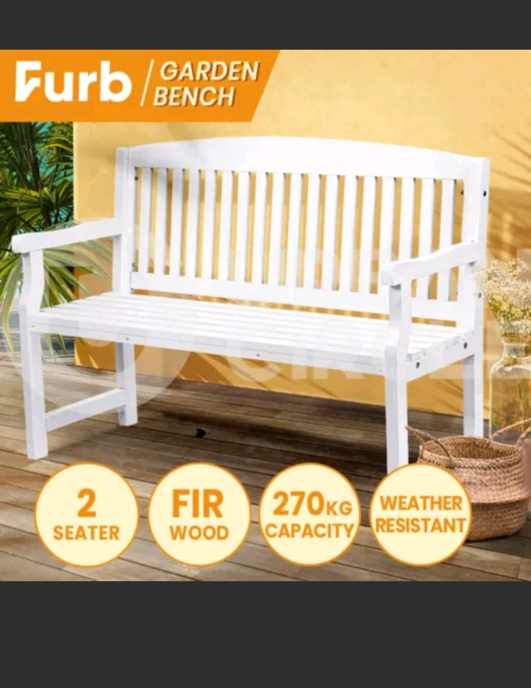 Furb Wooden Garden Bench Outdoor Chair Loveseat Backyard Furniture Lounge White