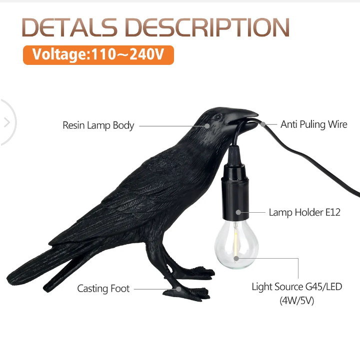 Black Bird Table Lamps Resin Crow Desk Lamp Bedroom Sconce Wall Light Fixtures