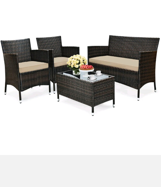 4PCS Outdoor Furniture Setting Garden Patio Wicker Dining Lounge Set Table Chair