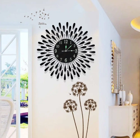 Large Modern 3D Crystal Wall Clock Luxury Round Dial Black Drops Home Dec Office