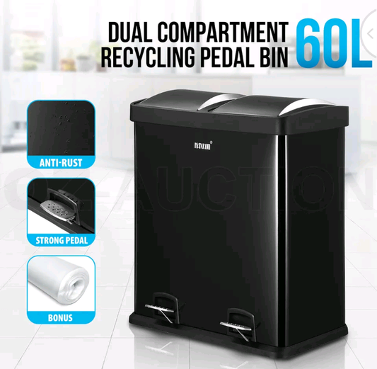 Maxkon 60L Pedal Rubbish Bin Dual Compartment Waste Can Recycle Dustbin Black