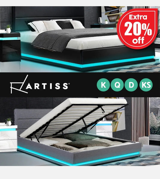 Artiss Bed Frame Queen Double King Single RGB LED Gas Lift Base Storage LUMI