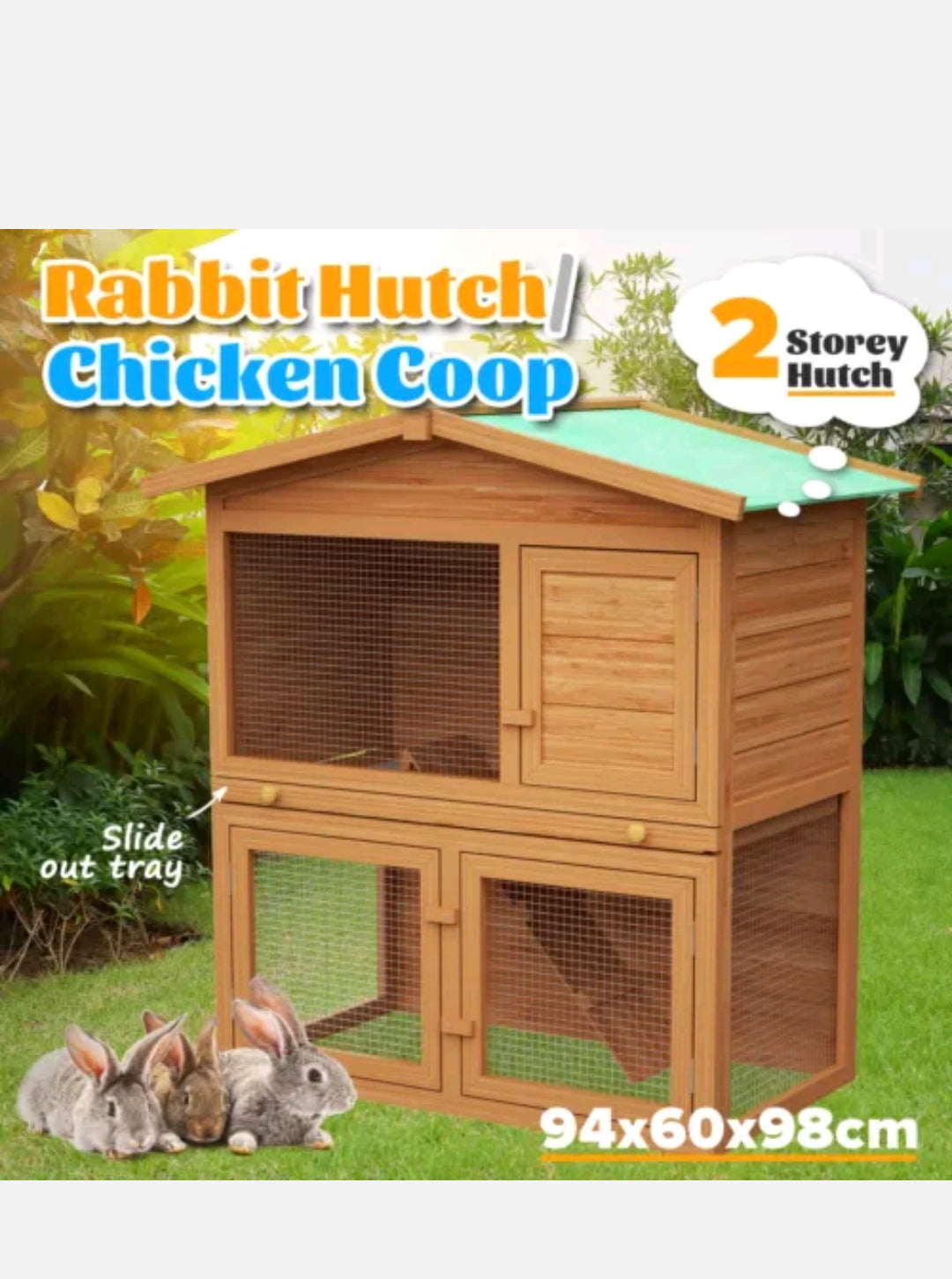 2 Storey Rabbit Hutch Chicken Coop Wooden Run Cage Outdoor Pet Bunny House AU