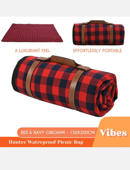 Vibes Hunter Waterproof Picnic Rug Red & Navy Gingham 50x200cm