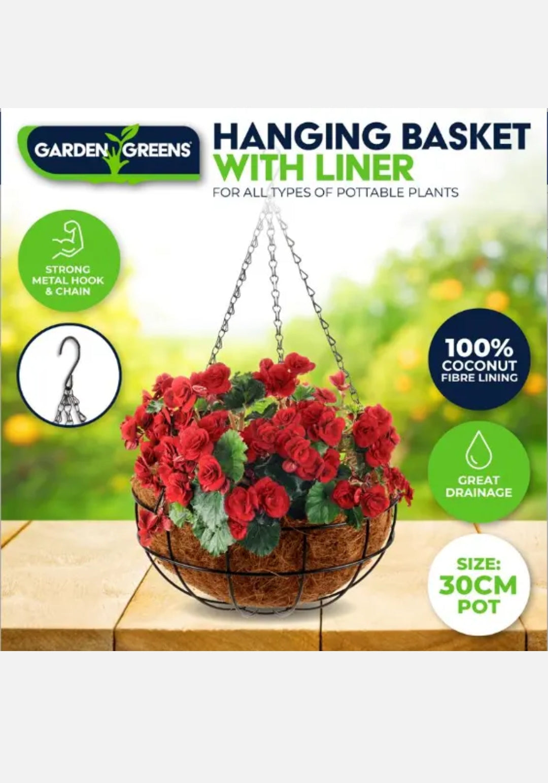 2 Pcs 30cm Hanging Baskets Garden Planters Pots with Cocos Liner & Hang Chain