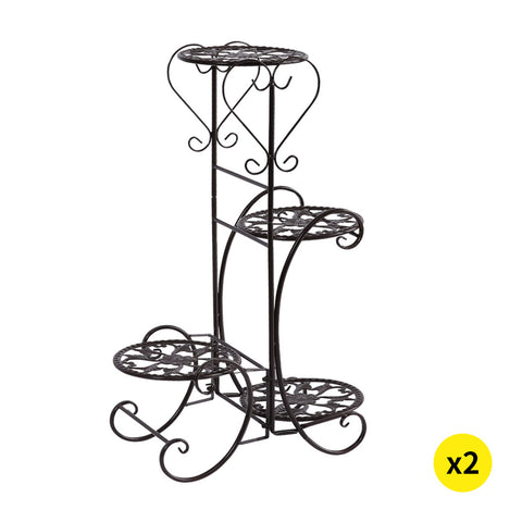 2x Levede Flower Shape Metal Plant Stand with 4 Plant Pot Space in Black Colour - Bright Tech Home