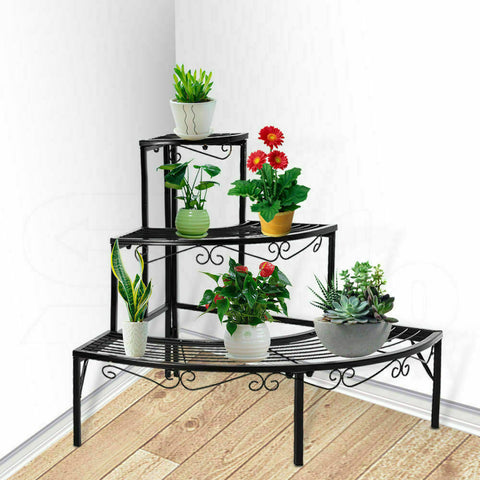 Outdoor Indoor Pot Plant Stand Garden Metal 3 Tier Planter Shelves Corner Shelf Black - Bright Tech Home