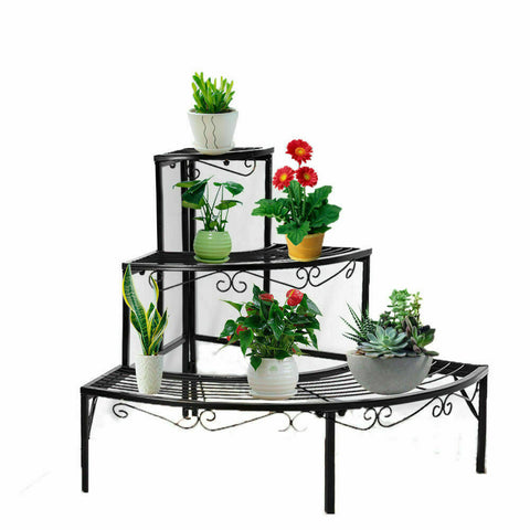 Outdoor Indoor Pot Plant Stand Garden Metal 3 Tier Planter Shelves Corner Shelf Black - Bright Tech Home