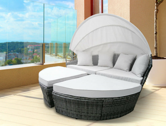 LONDON RATTAN Day Bed Daybed Sofa Garden Wicker Round Grey Outdoor Furniture