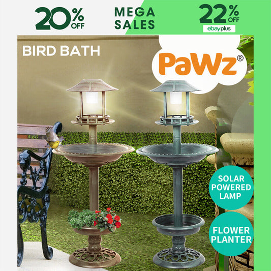 PaWz Bird Bath Feeder Feeding Food Station Solar Light Birdbath Outdoor Garden