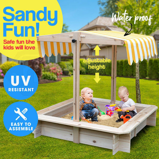 Rovo Kids Sandpit Toy Box Canopy Wooden Outdoor Sand Pit Children Play Cover