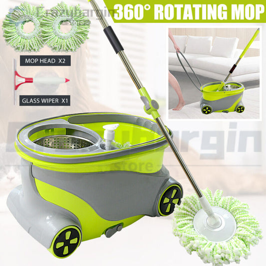 Magic 360° Spinning Mop Stainless Steel Spin Dry Bucket Free 2 Microfibre Heads - Bright Tech Home