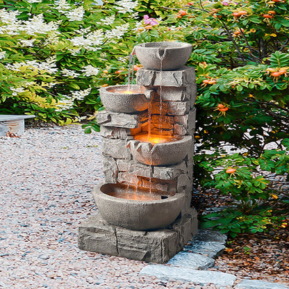 Outdoor 4 Tiered Floor Water Feature Fountain Garden Decor w/ LED Light & Pump