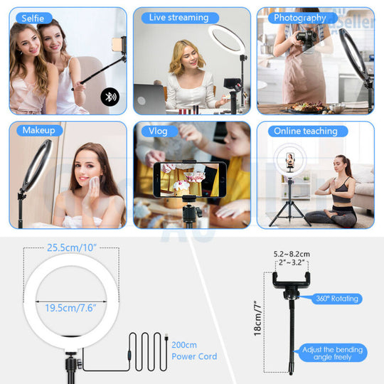 10" DIMMABLE LED RING LIGHT RETRACTABLE STAND KIT SELFIE MAKEUP LIVE STREAMING - Bright Tech Home