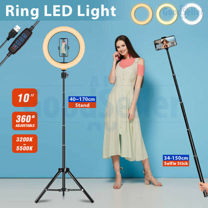 10" DIMMABLE LED RING LIGHT RETRACTABLE STAND KIT SELFIE MAKEUP LIVE STREAMING - Bright Tech Home