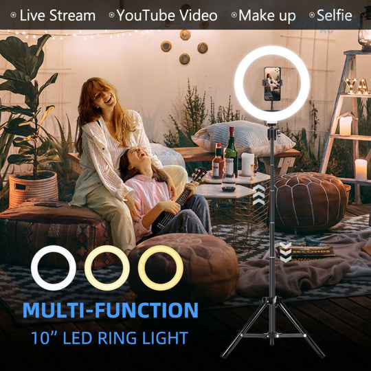 10" DIMMABLE LED RING LIGHT RETRACTABLE STAND KIT SELFIE MAKEUP LIVE STREAMING - Bright Tech Home