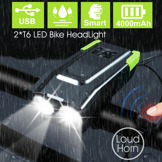 USB Rechargeable 15000LM Bicycle Bike Smart Front Light 2*T6 LED 6 Modes w/ Horn