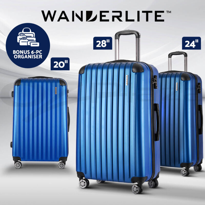 WANDERLITE 3PCS LUGGAGE SET TRAVEL SUITCASE STORAGE ORGANISER TSA BLUE - Bright Tech Home