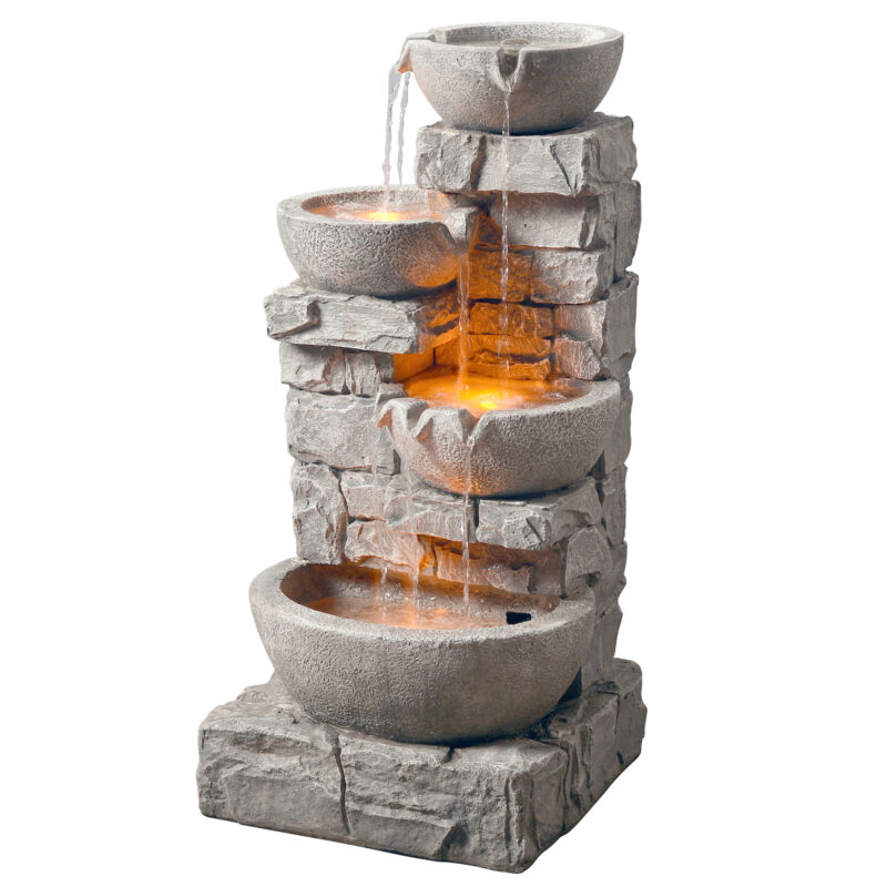 Outdoor 4 Tiered Floor Water Feature Fountain Garden Decor w/ LED Light & Pump