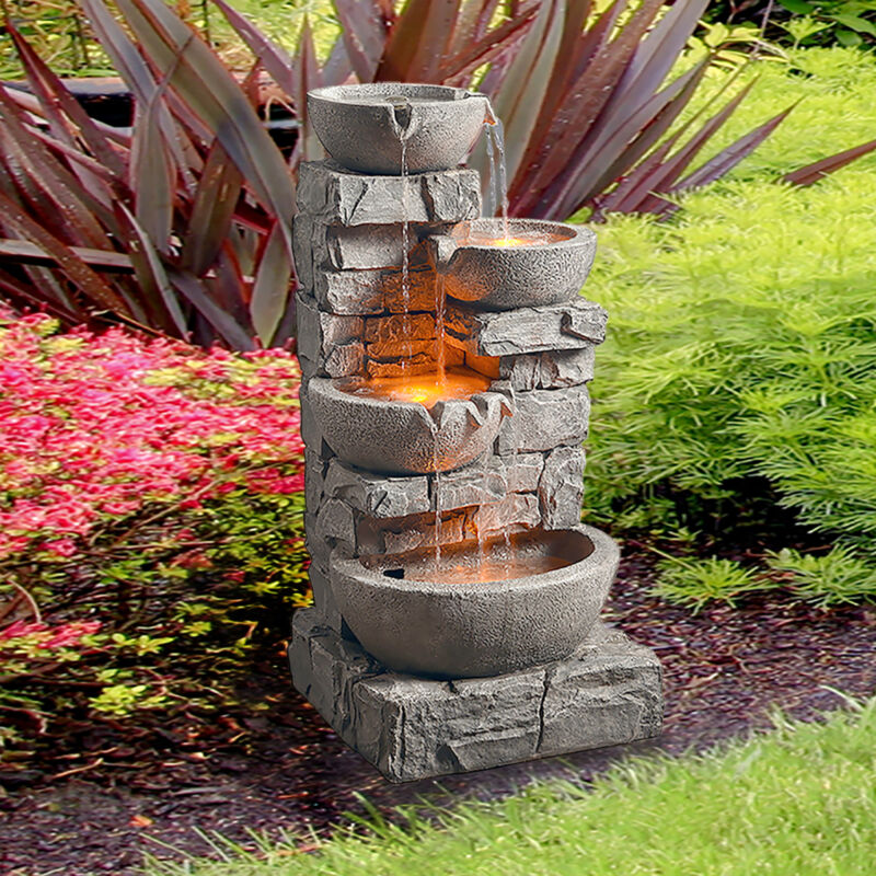 Outdoor 4 Tiered Floor Water Feature Fountain Garden Decor w/ LED Light & Pump